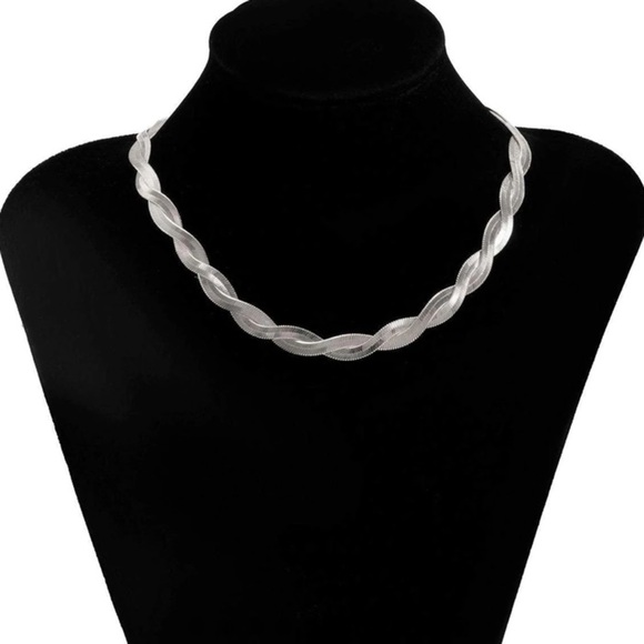 Twisted Braided Sterling Silver Herringbone Flat Snake Choker Necklace - Picture 7 of 10